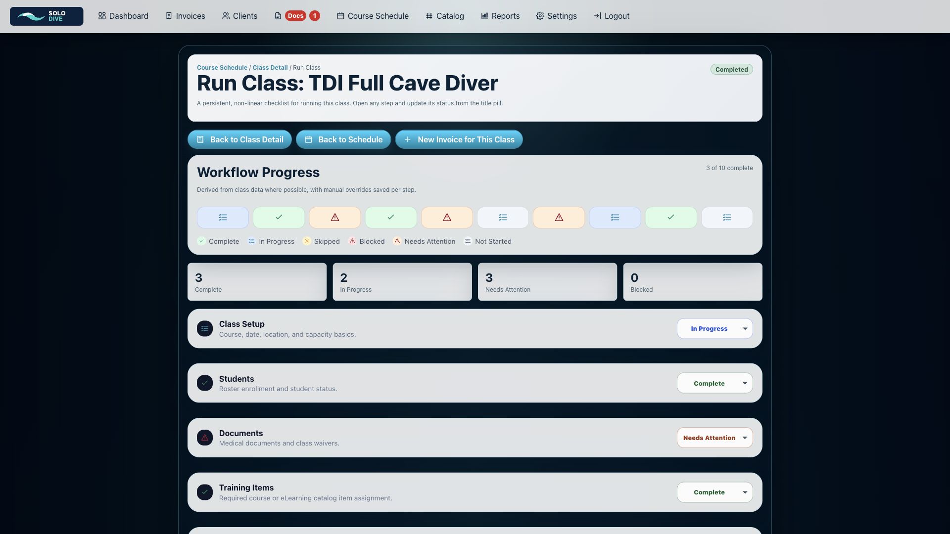 SoloDive run class workflow checklist