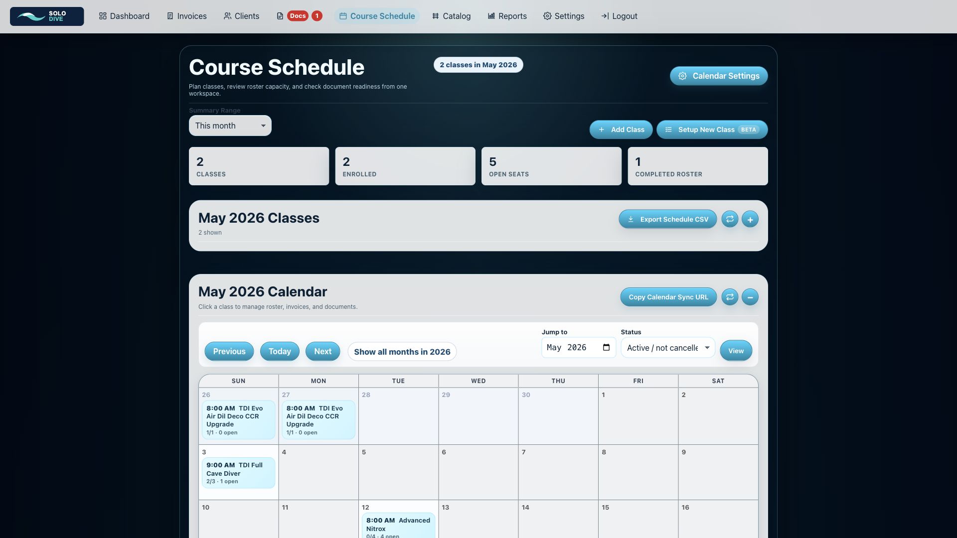 SoloDive course schedule with setup new class access