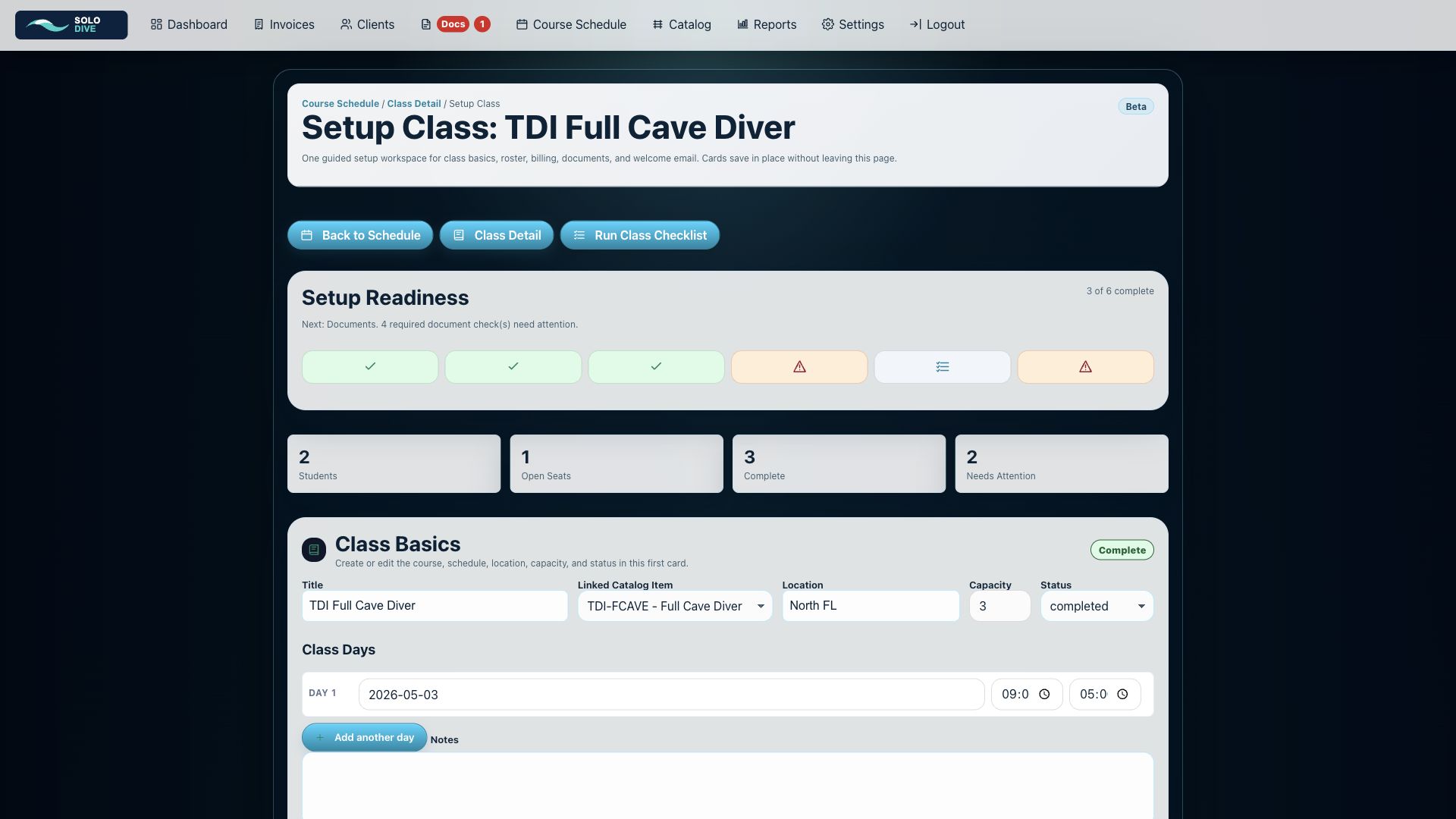 SoloDive setup class workflow for an existing class