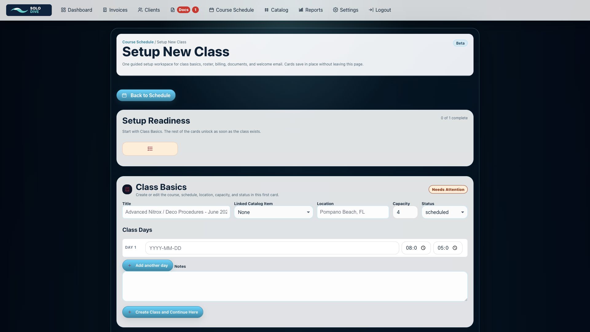 SoloDive setup new class workflow